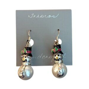 NEW Tesoros Handcrafted Dangle Drop Faux Pearl Snowman Hanging Earrings Jewelry